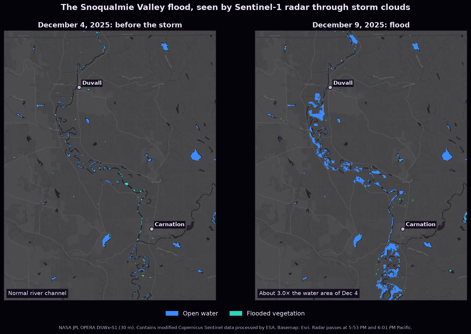 Side-by-side radar water maps of the Snoqualmie Valley before and during the December 2025 flood, showing the river spreading across farmland near Duvall and Carnation