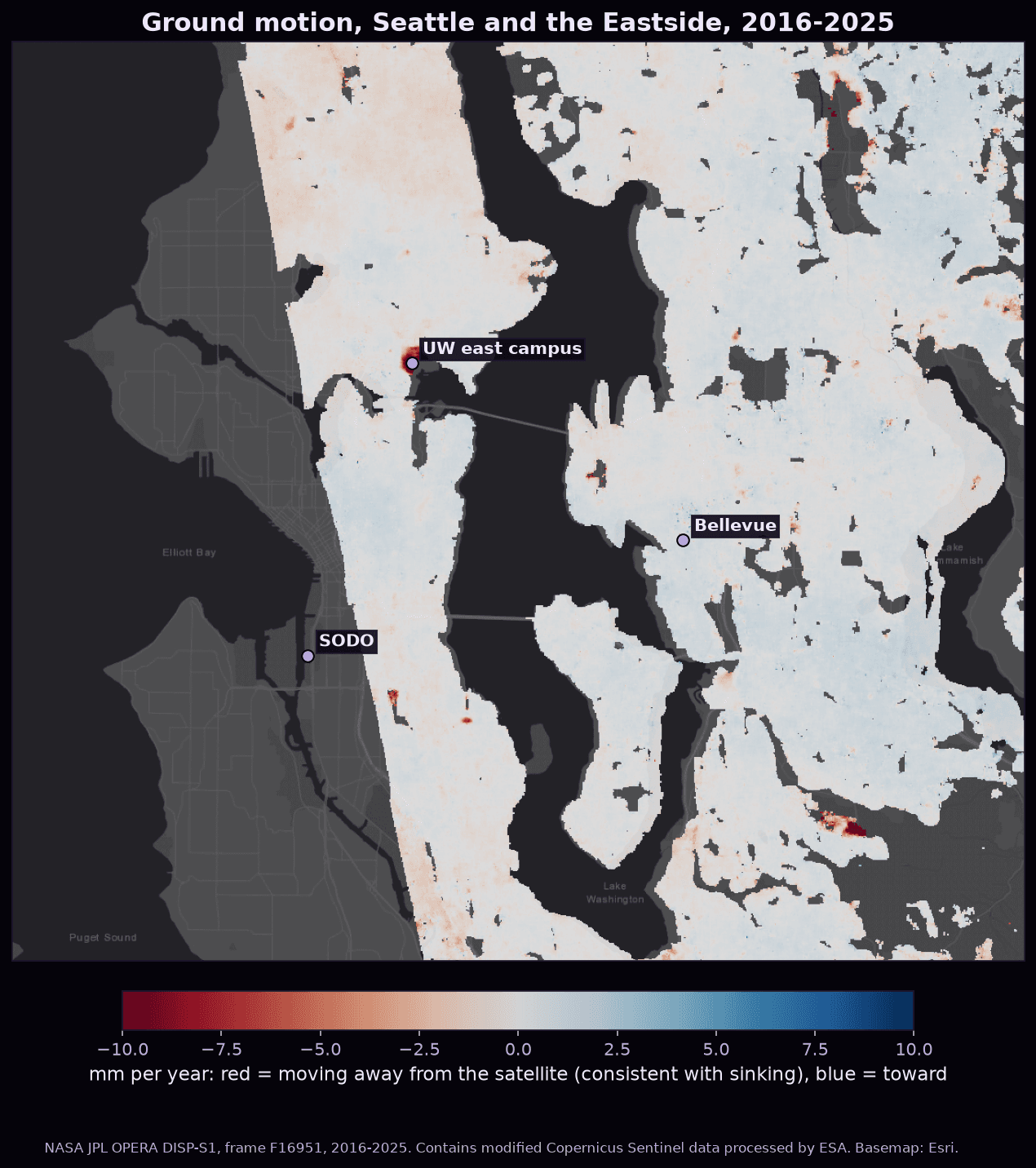 Map of ground velocity across Seattle and the Eastside from 2016 to 2025, mostly stable with a red hotspot of movement away from the satellite at the UW east campus