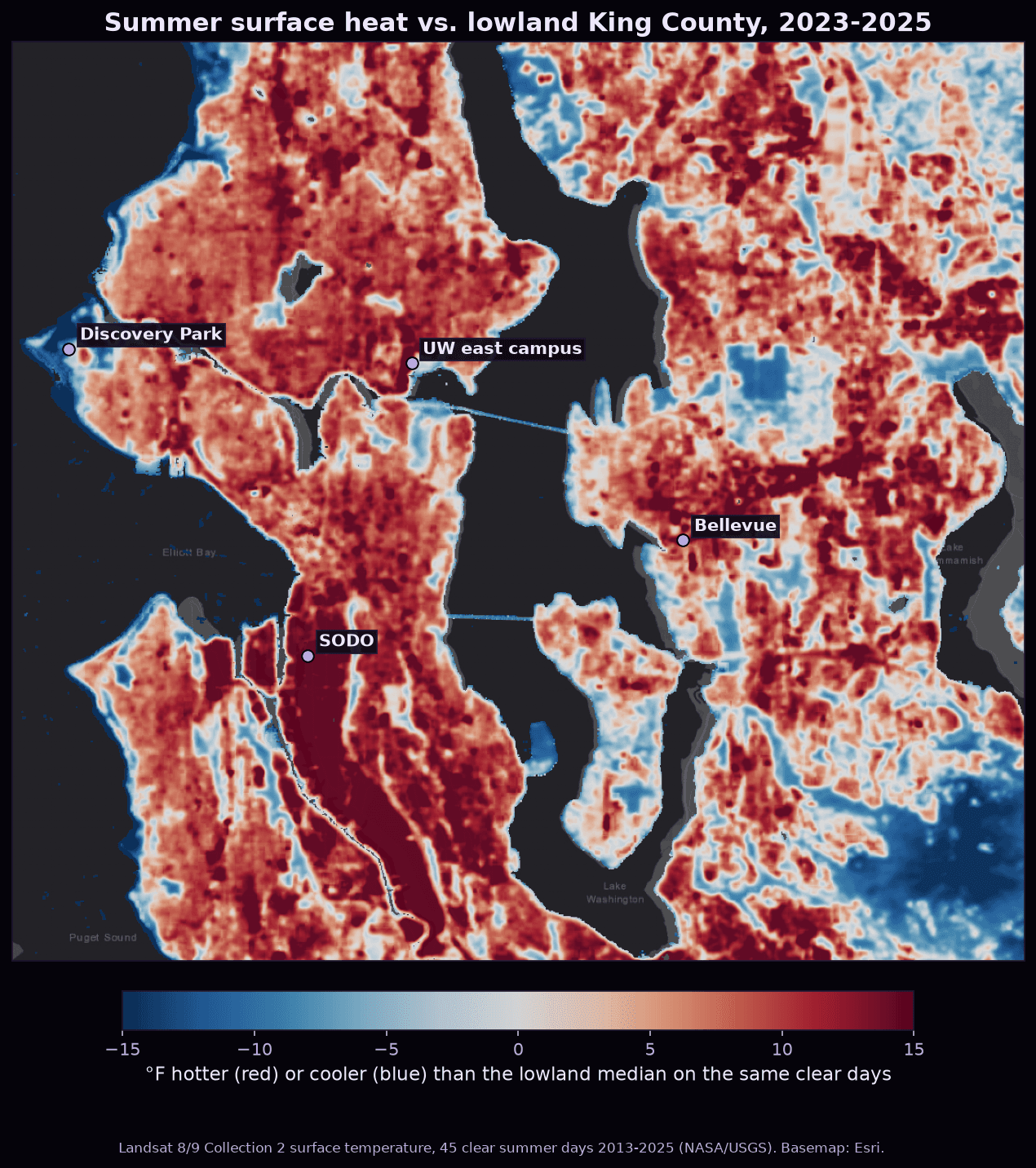 Map of Seattle and the Eastside colored by summer surface heat relative to lowland King County, with SODO and Bellevue running hot and Discovery Park and parks running cool